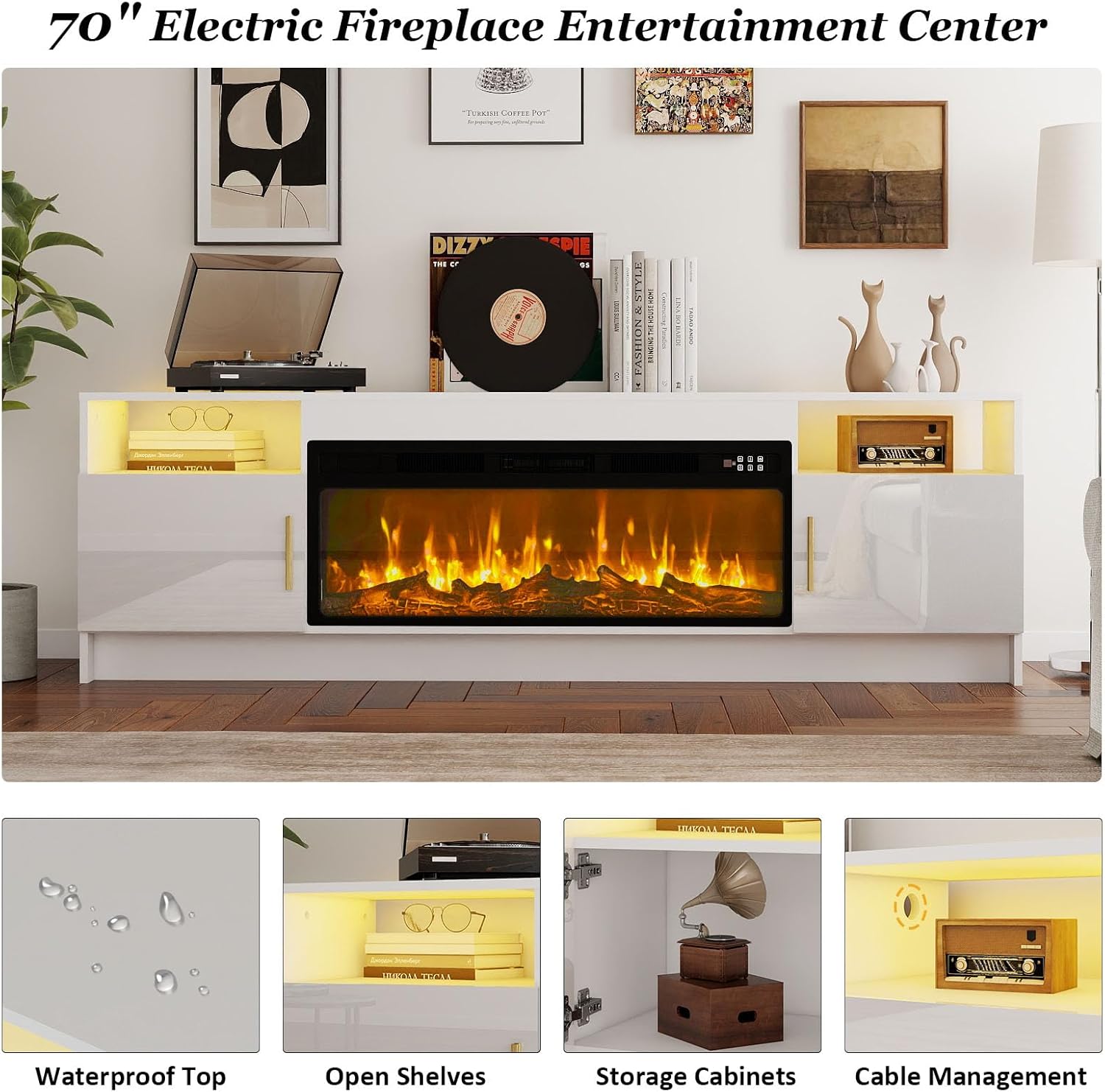 BREEZEHEAT TV Stand with Fireplace-Fireplace TV Stand for 75+ inch TV, LED Entertainment Center for Living Room w/ 36" Fireplace Inserts, TV Console with Cabinet, White