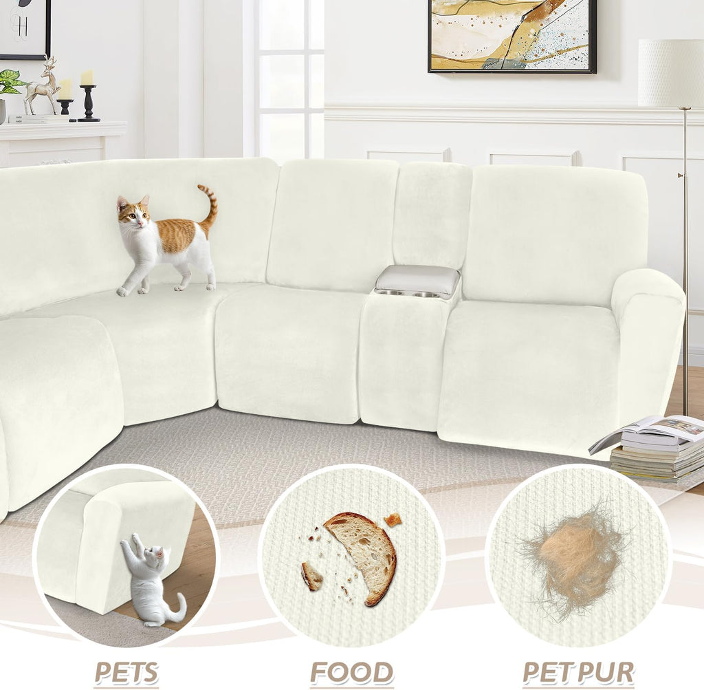 Arfntevss Sectional Recliner Couch Covers Velvet Washable Corner Sectional Sofa Cover for Reclining Stretch Soft Thick L Shape Recliner Slipcover Set (5 Seat with 1 Console Cover, Cream)