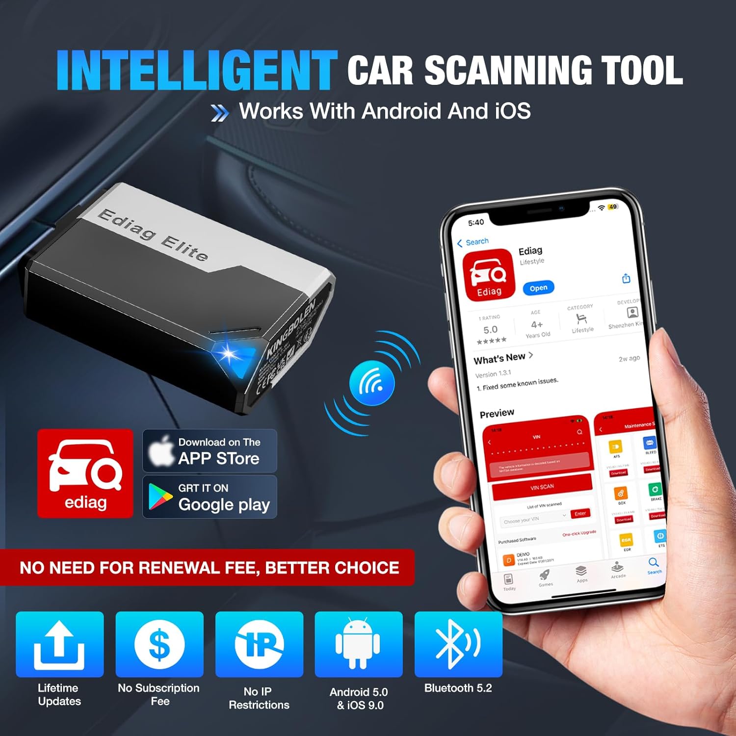 Ediag Elite KINGBOLEN Bluetooth OBD2 Scanner, Lifetime NO Cost Update Bidirectional Scan Tool for iOS & Android, Wireless Full System Car Diagnostic Scanner, 15+ Reset Service, CANFD, FCA AutoAuth