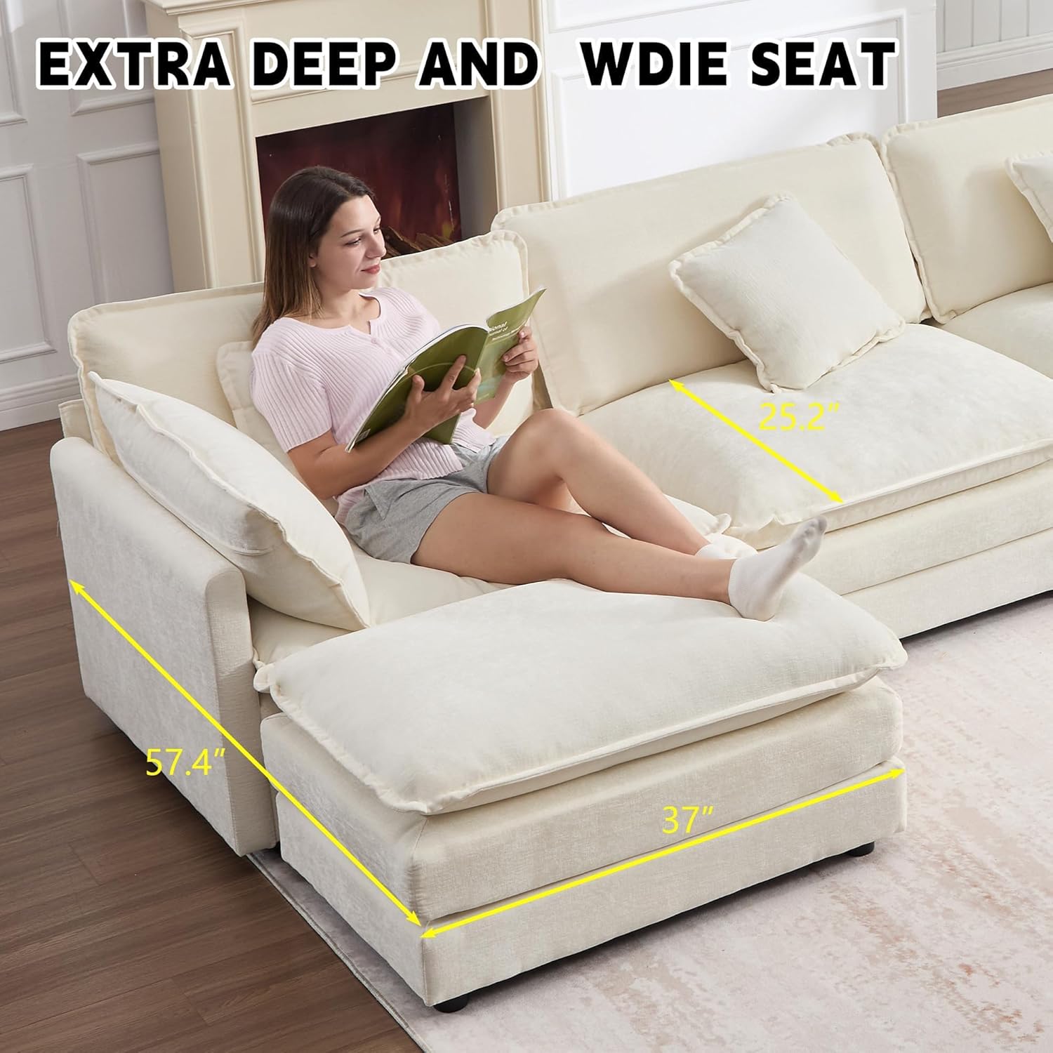 GNIXUU 76.7" Beige L Shaped Comfy Chenille Modular Cloud Sofa, Modern 2 Seater Couch with Movable Ottoman, Deep Seat Sofa with 4 Pillows for Living Room Apartment Small Places