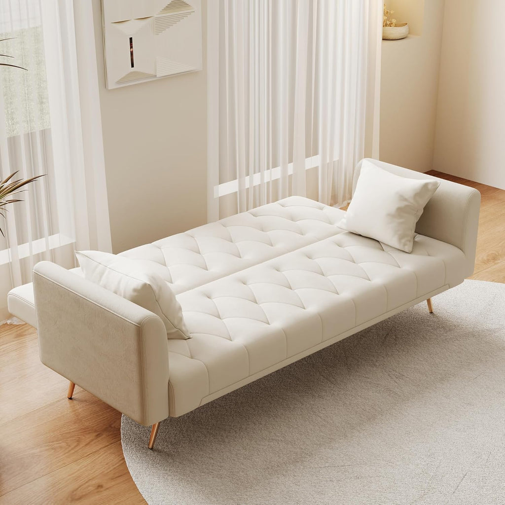 Anwick 72''Modern Velvet Sofa Bed Futon,Convertible Folding Sleeper Couches with 3 Adjustable Backrests,Tufted Recliner Love Seat Golden Chrome Legs for Living Room Apartment Home Office (Beige)