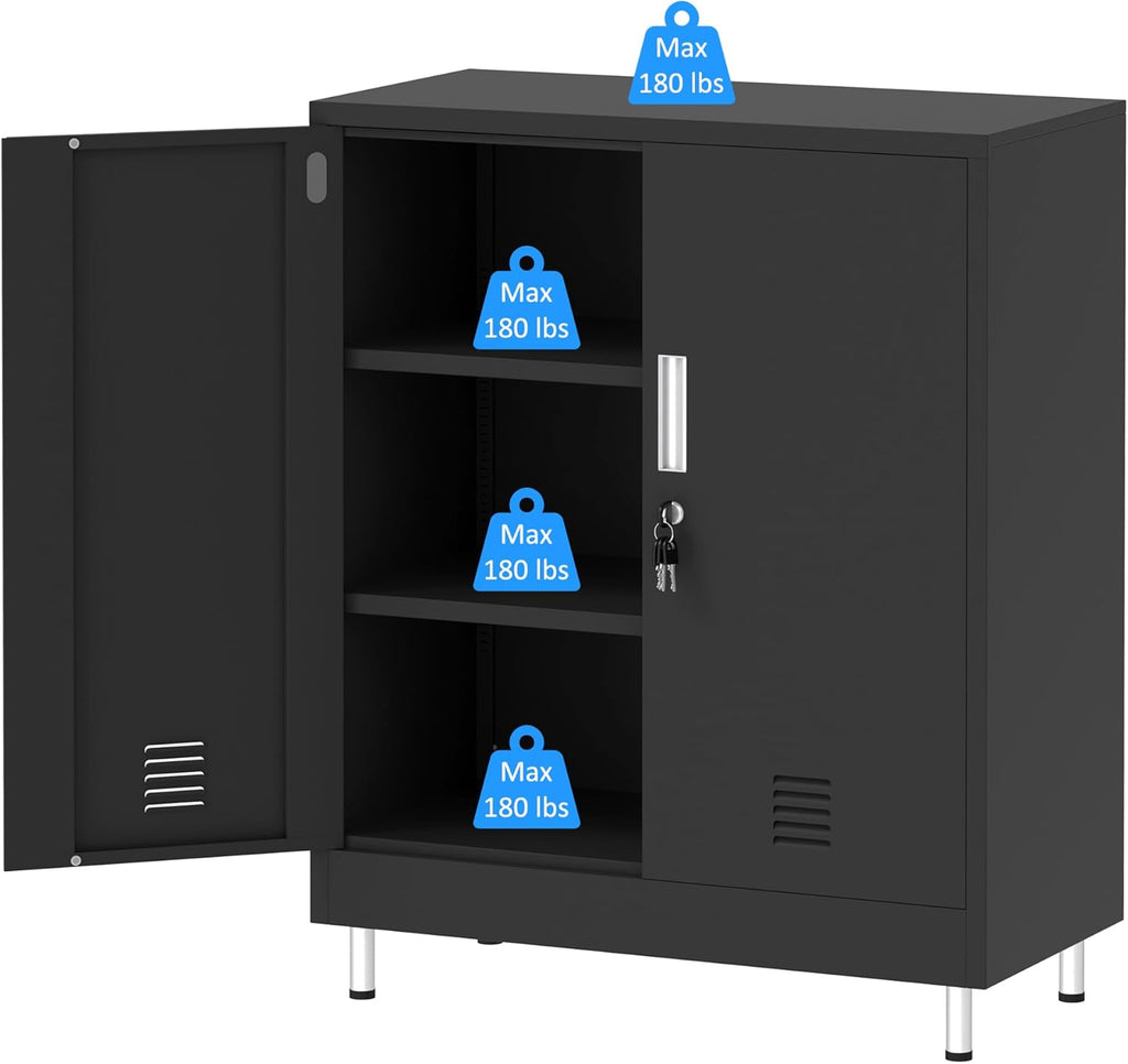 JINGUR Metal Storage Cabinet with Locking Doors and 2 Adjustable Shelves, Lockable Storage Cabinet for Home Office Garage Pantry Living Room (Black)