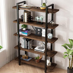 5-Tier Industrial Style Solid Wood Bookcase and Book Shelves,Rustic Wood and Metal Shelving Unit . Living Room,Modern Rustic Open Industrial Book Shelf Office,Distressed Brown (AY-02-5Tier)
