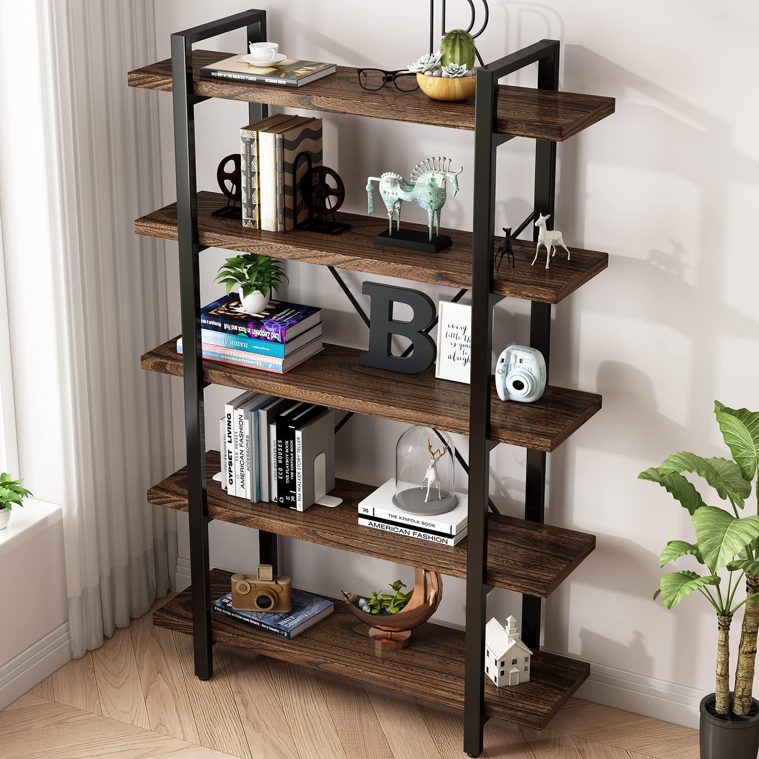 5-Tier Industrial Style Solid Wood Bookcase and Book Shelves,Rustic Wood and Metal Shelving Unit . Living Room,Modern Rustic Open Industrial Book Shelf Office,Distressed Brown (AY-02-5Tier)