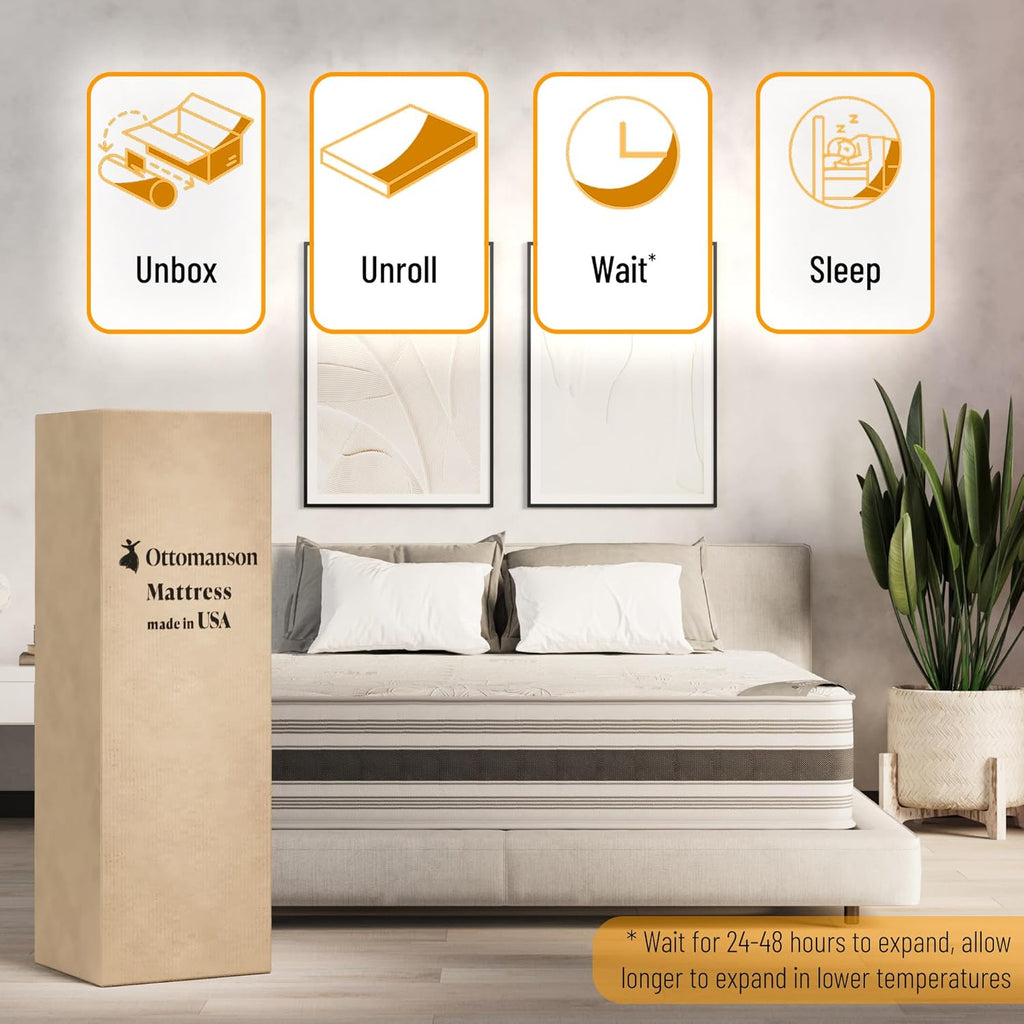 Ottomanson 12" Twin XL Plush Hybrid Mattress, Meditation Antistatic Quilted Cover, Comfort & Pressure Relief, Made in USA, Individually Pocketed Coils, CertiPUR-US® Foam, Fiberglass-Free, Bed in a Box