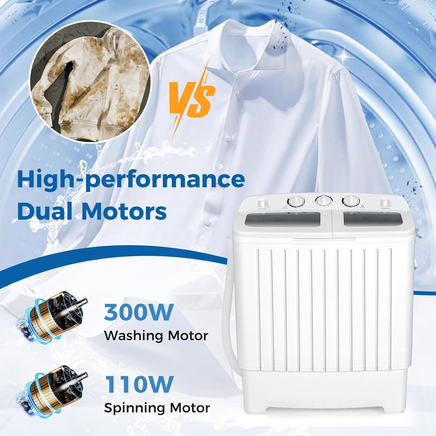 COSTWAY Portable Washing Machine, Twin Tub 20 Lbs Capacity, Compact Laundry Washer(12 Lbs) and Spinner(8 Lbs), Durable Design, Timer Control, Perfect for RV, Apartments and Dorms, Grey+White
