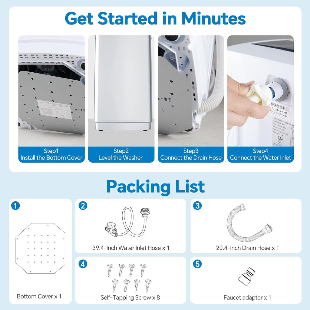 OLIXIS Portable Washing Machine, 7.7 lbs Full-Automatic Compact Laundry Washer, Stainless Steel Drum, 10 Wash Cycles, Auto-Balance Detection, LED Display, Mini Washer for Home, Apartment, Dorm, White