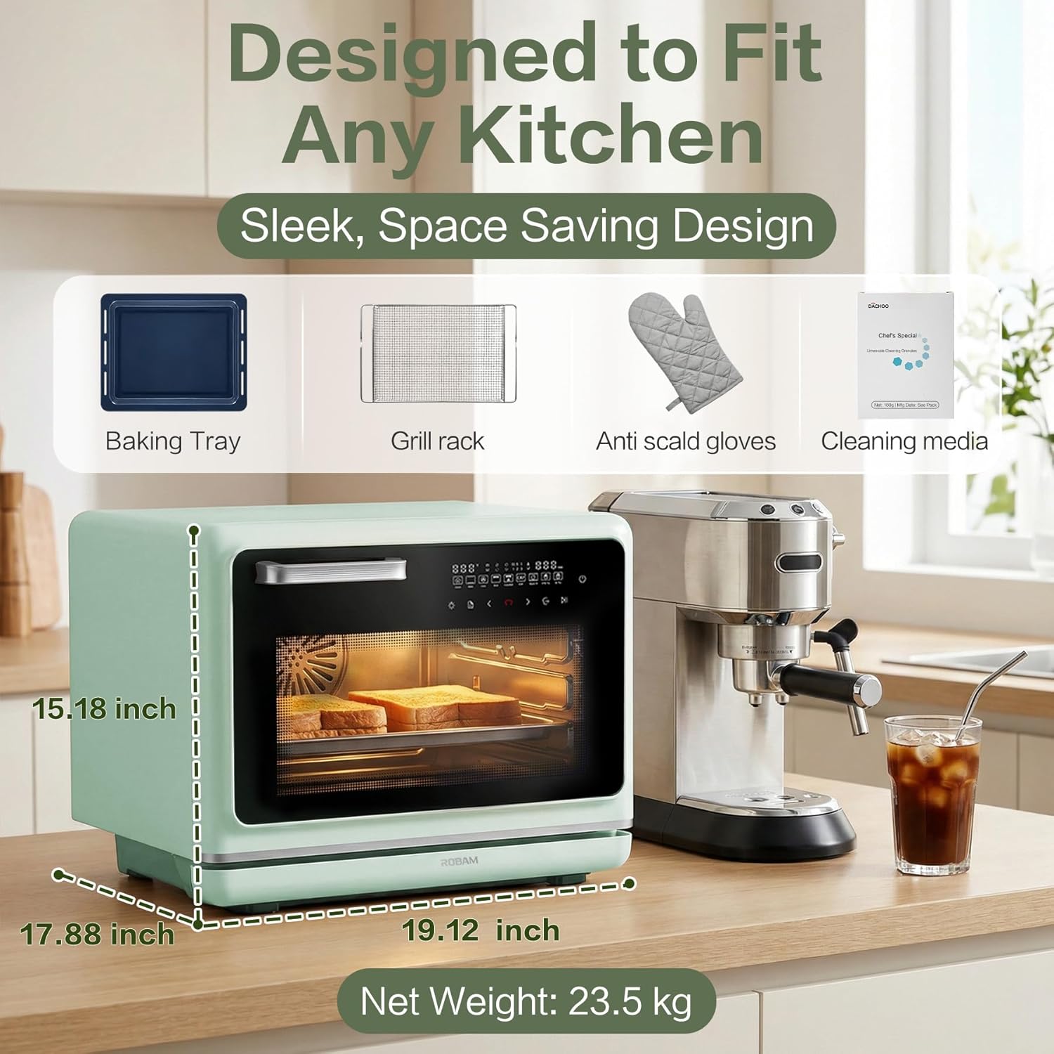 ROBAM Toaster Air Fryer Steam Oven Combo, Countertop Convection Cooker with Fry & Bake, 1.2 Cu.Ft Large Capacity Combi Oven, Smart Touch Precise Temp Control, Multi-Stage, 32 Preset Recipes (Green)