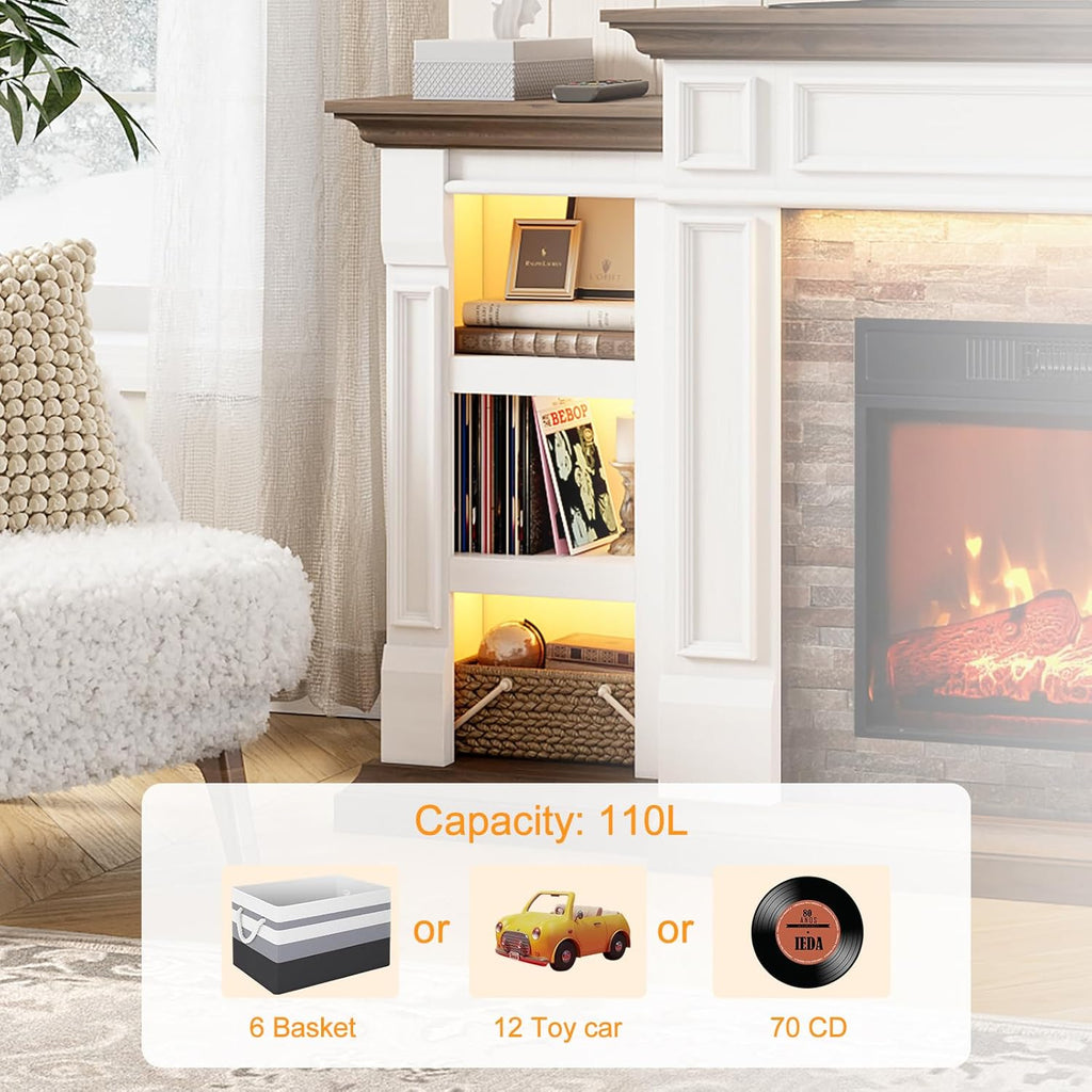 72" Electric Fireplace with Mantel and Cabinets, Fireplace TV Stand for Living Room Bedroom, LED Light, Stacked Stone Surround and Remote Control 3D Realistic Flame