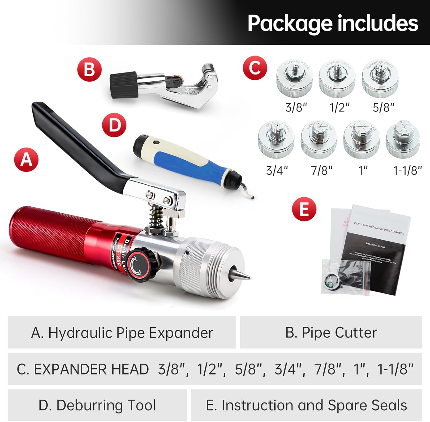 HVAC Swaging Tools Kit Hydraulic Copper Pipe Tube Expander Tool 3/8, 1/2, 5/8, 3/4,7/8,1,1-1/8 Inch