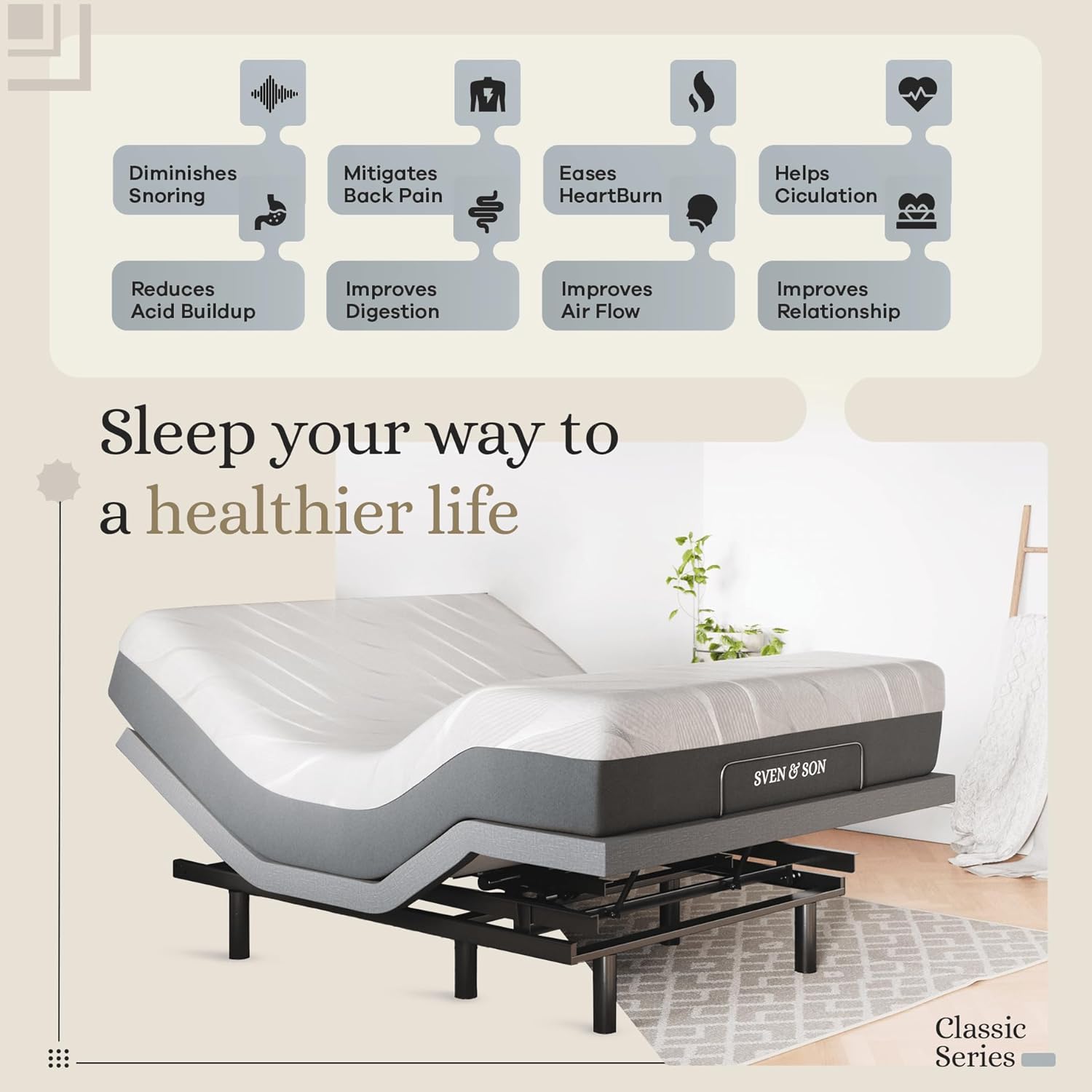 Sven & Son Classic Adjustable Bed Base, Head and Foot Lift, Massage, Under-Bed Lights, USB, Gel Memory, Zero Gravity Smart Frame - Queen + 14 inch Hybrid Spring Matt (Medium Soft)