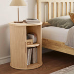 LINSY HOME Round Fluted End Table, Tall Side Table with Sliding Tambour Door and Storage Shelf, Modern Bedside Table, Mid-Century Nightstand for Living Room, Bedroom, Oak
