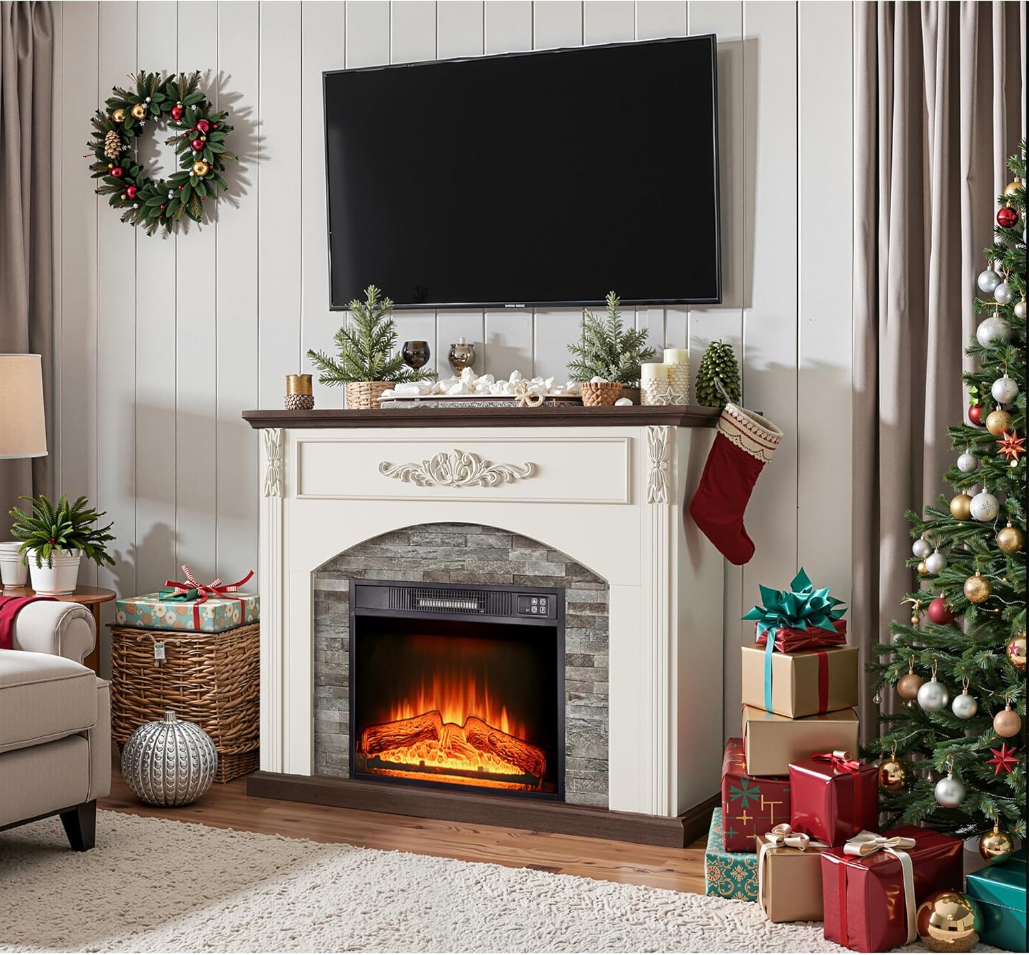 44Inch Electric Fireplace with Mantel, Farmhouse TV Stand with Electric Fire Place Heater, Stacked Stone Surround,White Firebox with 23" Fireplace Insert for Bedroom,Living Room