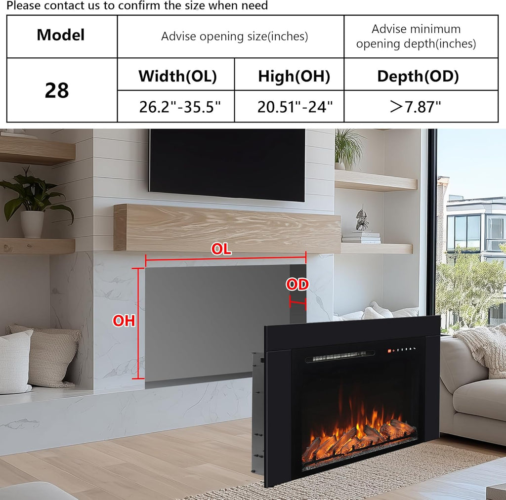 28 Inches Electric Fireplace Insert with Trim Kit, Wall Mounted & Recessed Electric Fireplace Inserts with 8 Flame Colors, Remote Control, 6 Levels Brightness, 9H Timer, Black, 1500W/750W