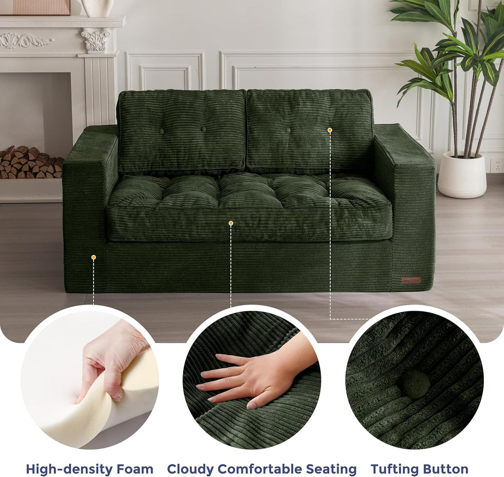 MAXYOYO Loveseat Sofa Couch for Living Room, Boneless Couch with Tufted Cushion & Backrest, Upholstered Floor Sofa for Adults, No Assembly Required, Dark Green