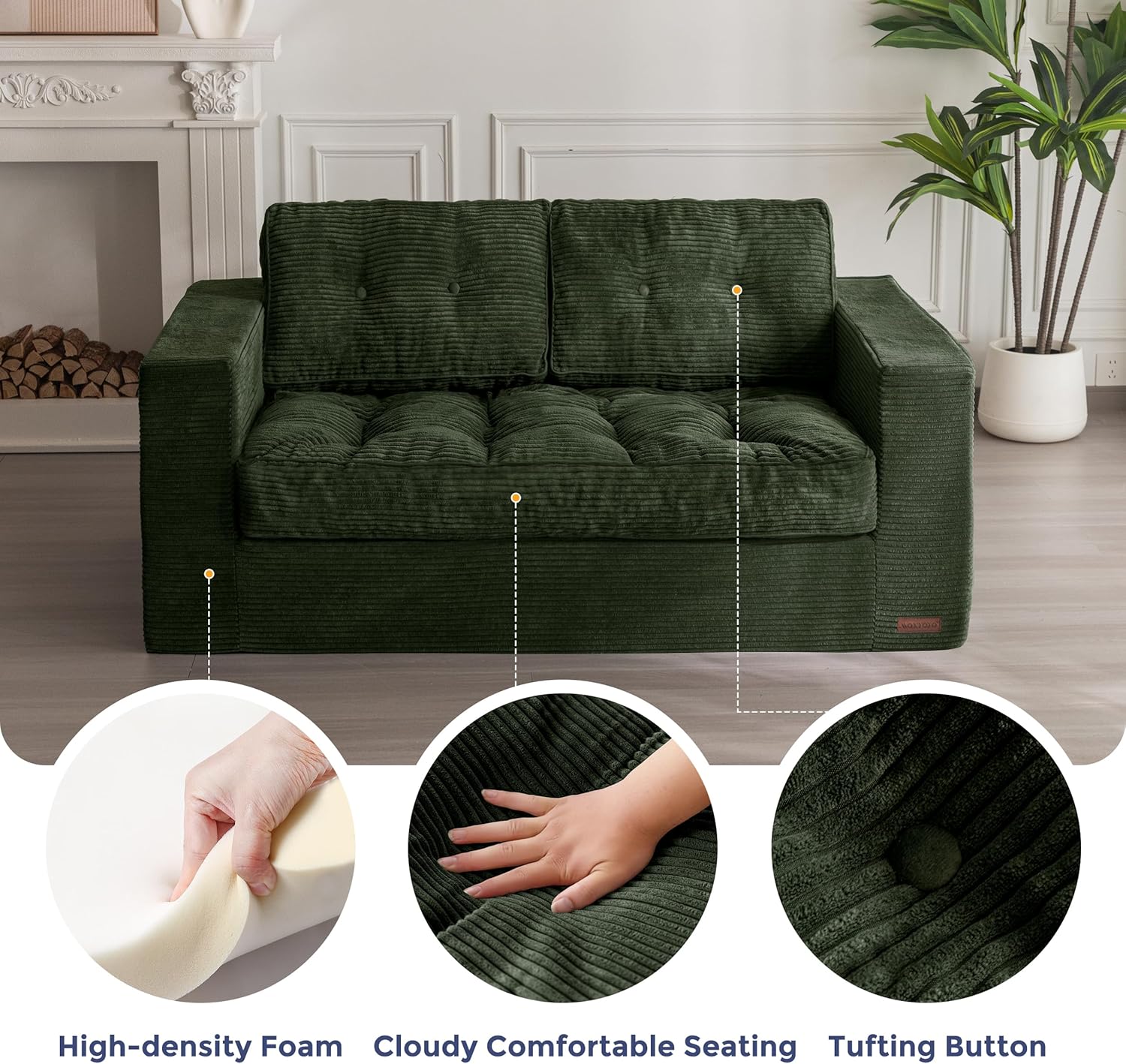 MAXYOYO Loveseat Sofa Couch for Living Room, Boneless Couch with Tufted Cushion & Backrest, Upholstered Floor Sofa for Adults, No Assembly Required, Dark Green