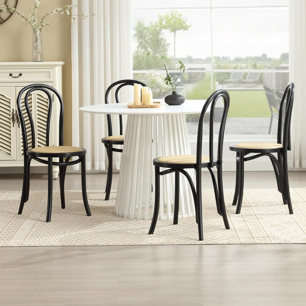 Solid Wood Dining Chairs Set of 2 Mid-Century Modern Rattan Kitchen Room Chairs with Backrest Bentwood Side/Desk Chairs for Dining/Living Room,Home, Black Wood