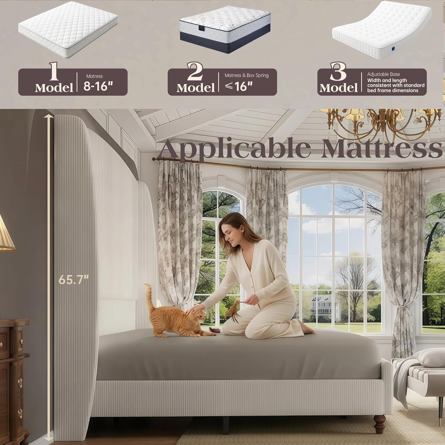King Size Upholstered Bed Frame with 65.7" Tall Headboard Wingback, Soft Washable Corduroy Beds Cover, Solid Wood Legs, Noise-Free, No Box Spring Needed, Cream