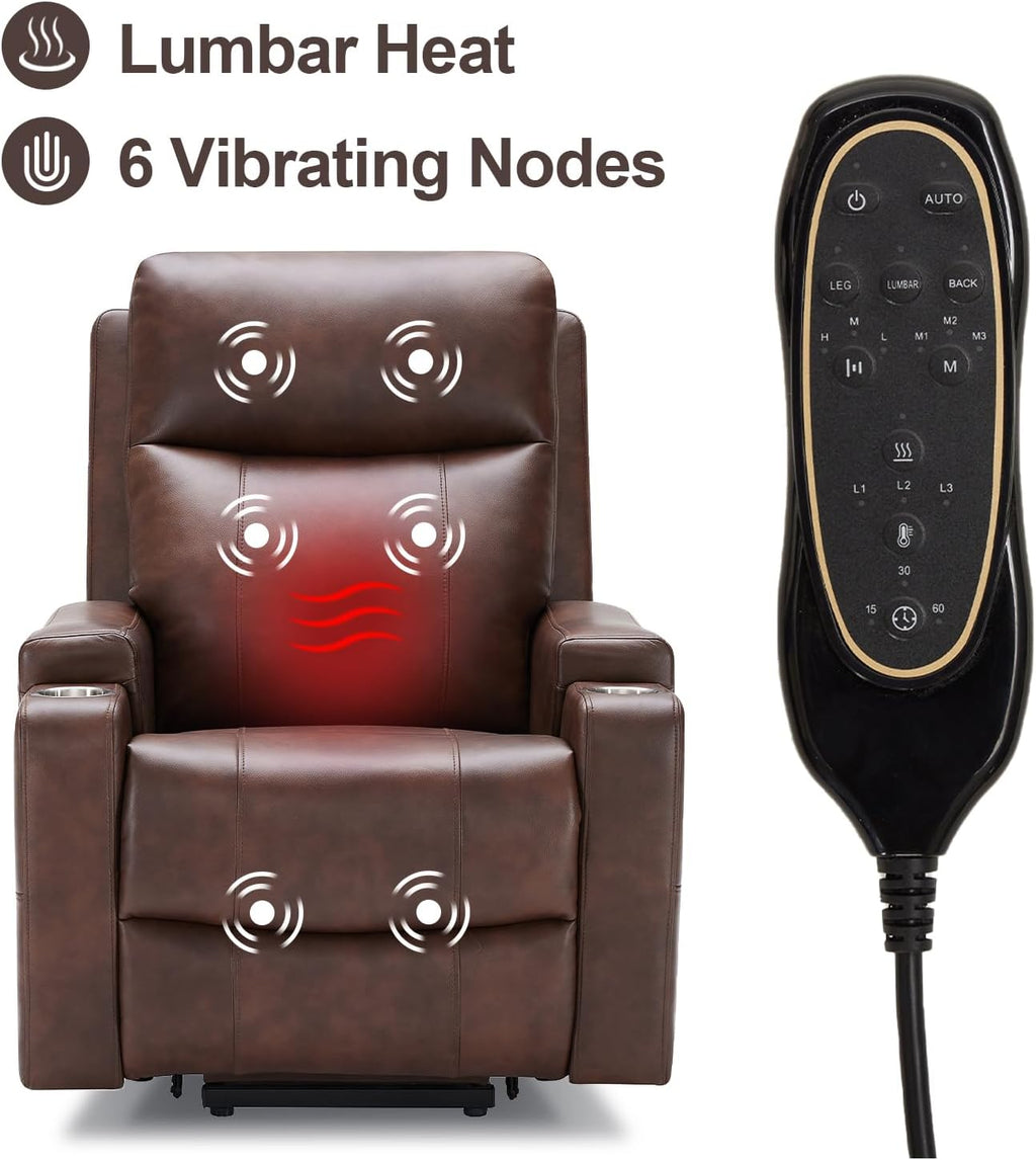 Triple Motor Power Lift Recliner Chair with Adjustable Lumbar Support, Lay Flat Recliner for Elderly, Breathable Brown Leather Recliner, Lift Chair Massage & Heating, USB Ports, Cup Holders