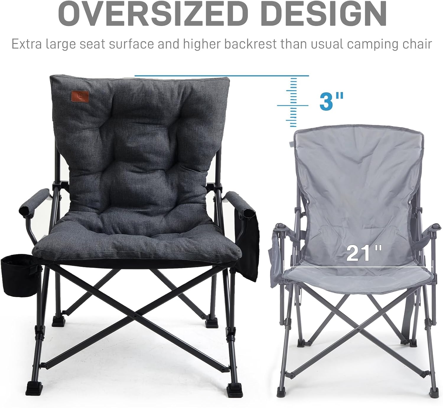 EVER ADVANCED Padded Oversized Folding Camping Chair for Adults, Heavy Duty Lawn Chair with Side Pockets, Portable Collapsible Quad Chair for Outside, Support Up to 500lbs, Black