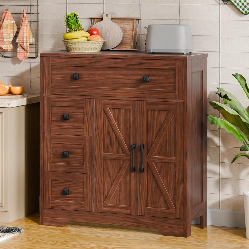Vabches Farmhouse Storage Cabinet with 2 Doors and 4 Drawers, Freestanding Bathroom Storage Cabinet Kitchen Pantry, Floor Hutch Cupboard for Living Room/Bathroom/Kitchen,Walnut