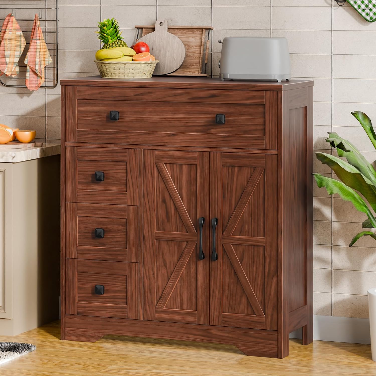 Vabches Farmhouse Storage Cabinet with 2 Doors and 4 Drawers, Freestanding Bathroom Storage Cabinet Kitchen Pantry, Floor Hutch Cupboard for Living Room/Bathroom/Kitchen,Walnut