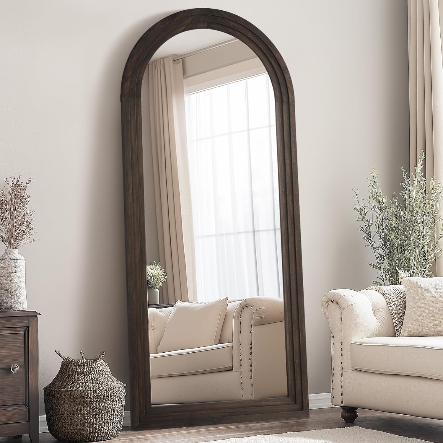 Rustic Standing Full Length Mirror Wood Frame, 71"X32" Large Arched Floor Mirror with Stand, Farmhouse Wood Mirror Full Length for Bedroom Living Room Entryway, Leaning or Wall Mounted, Brown