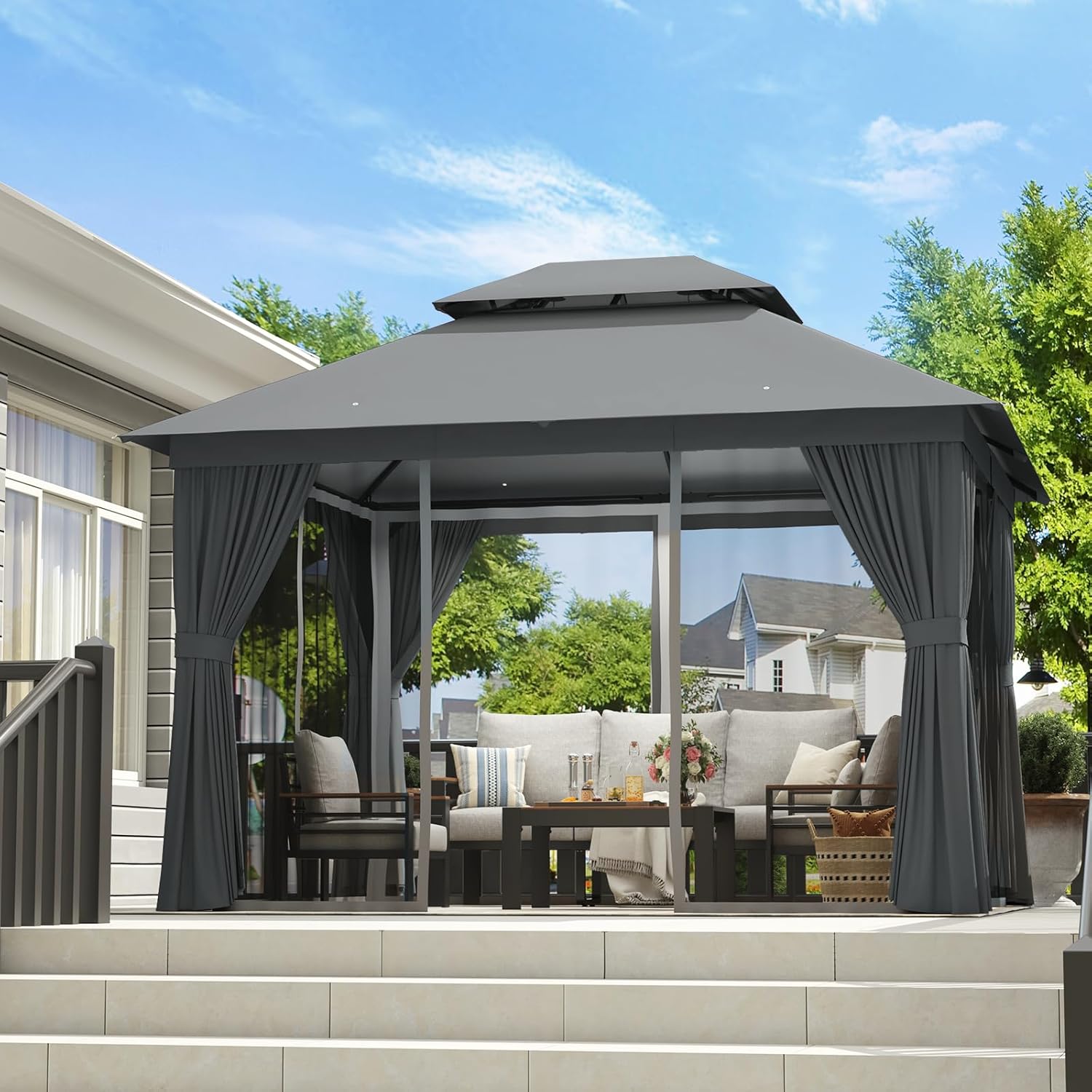 Aoxun Outdoor Gazebo for Patio 10x12  Metal Frame Canopy with Double Roofs  Heavy Duty Party Tent and Shelter with Mosquito Netting and Privacy Screen for Backyard  Lawn  Garden  Deck