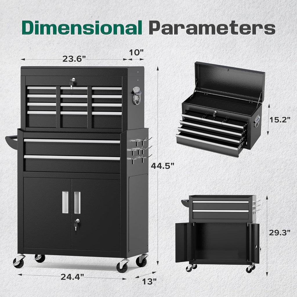 Greenvelly Metal Tool Chest,8-Drawer Rolling Tool Cart with Wheels,2 in 1 Detachable Tool Cabinets,Tool Box,Liners and Locking System for Garage,Warehouse,Workshop, Barbershop(Black)