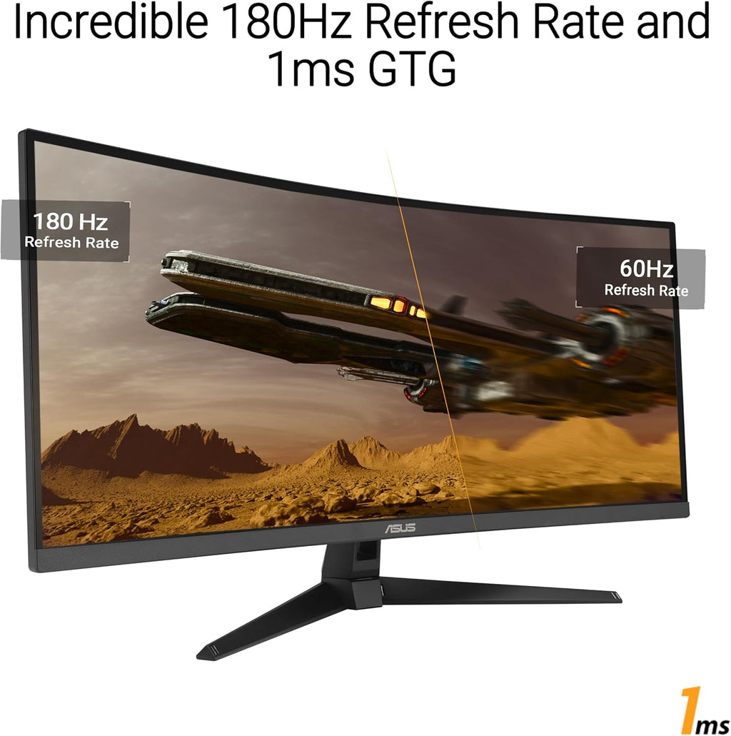 ASUS TUF Gaming 34” Ultra-Wide Curved Monitor (VG34VQ3B) – 21:9 QHD (3440x1440)  180Hz  1ms  Extreme Low Motion Blur Sync  FreeSync Premium  Speaker  90% DCI-P3  DisplayWidget Center  3 yr Warranty