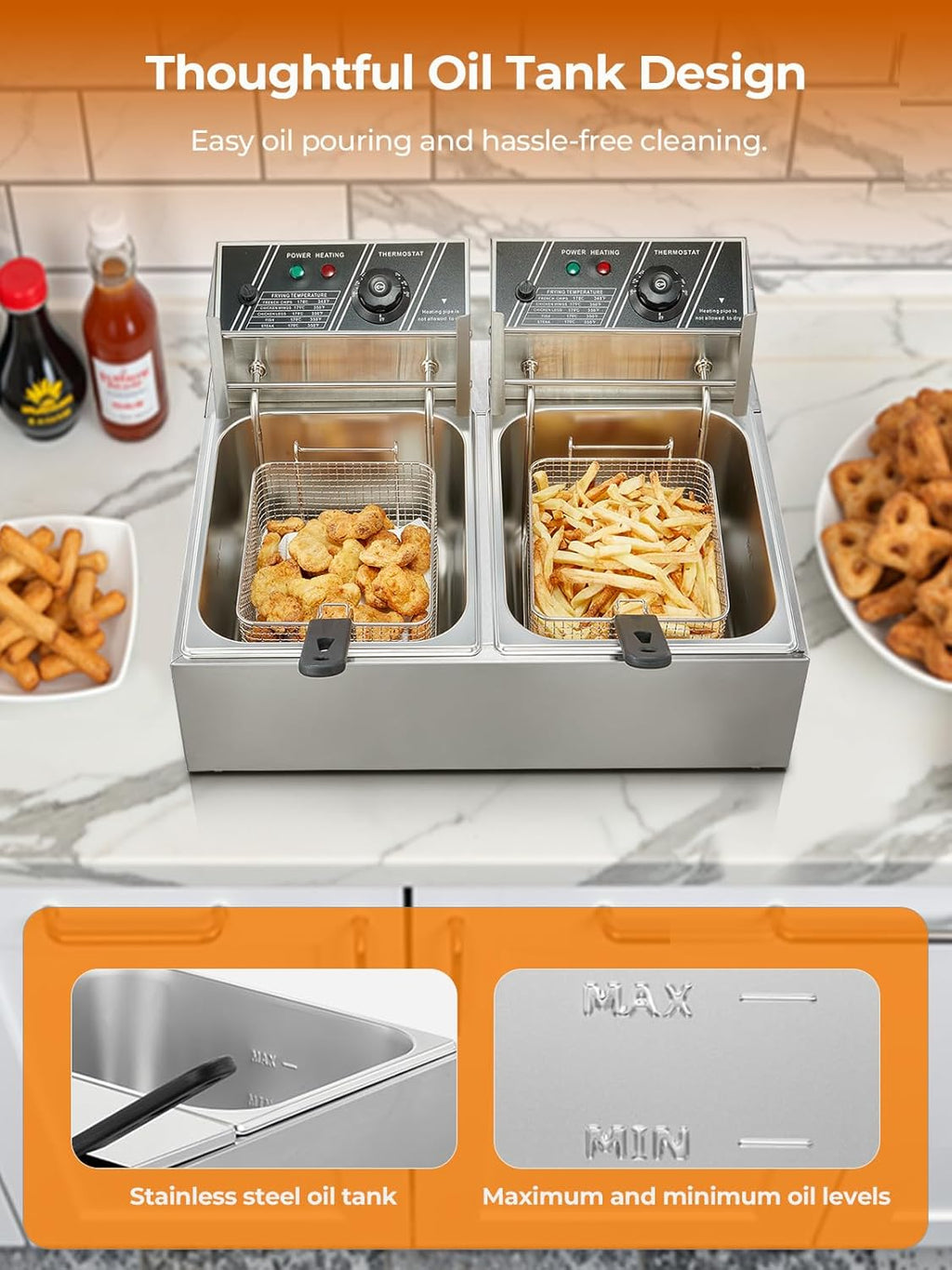 Commercial Deep Fryer, 3400W Electric Countertop Fryer with 2 Baskets & Lids, 22.8QT Dual Tank Stainless Steel Deep Fryer for Restaurant, Food Truck, Party