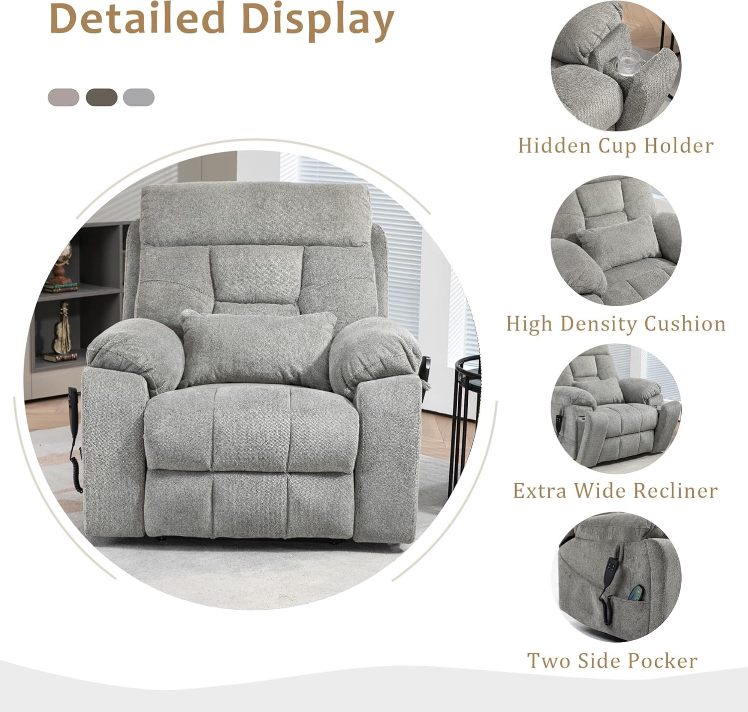 Power Lift Chair Lay Flat Recliner Dual Motor Recliner Chair with Massage Heat for Adults,Up to 400 LBS Recliners with 2 Remote Controls and 2 Cup Holders