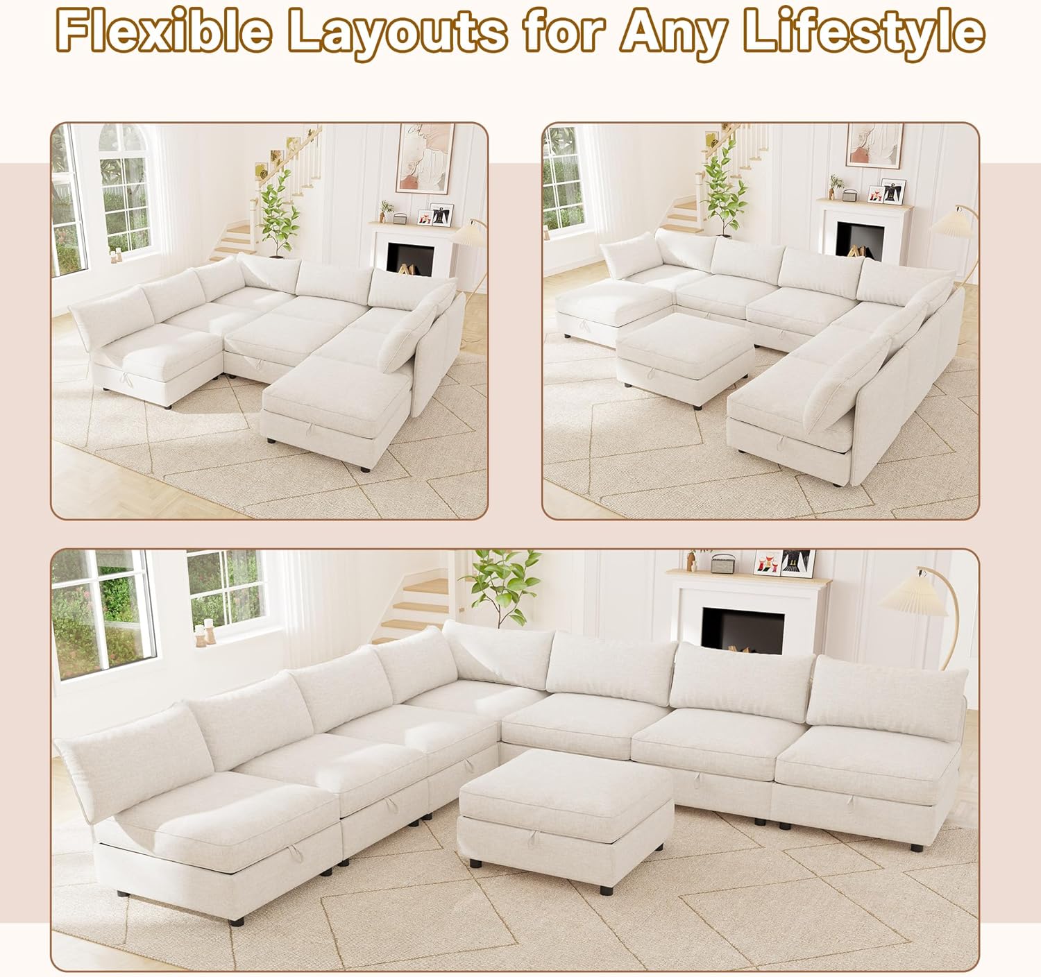 125" Chenille Modular Sectional Sofa Bed Hidden Storage, Convertible L U Shaped Sleeper Couch, 8 Seat Modern Modular Sectional Sofa with Removable Covers & Ottoman Chaise, for Living Room, Beige