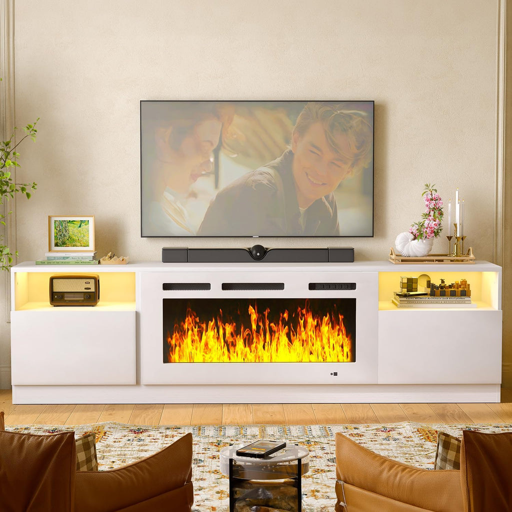 MXV 80" Fireplace TV Stand for TVs Up to 90", LED Light Entertainment Center with 36" Electric Fireplace, Modern Wood Texture TV Media Console with Highlight Storage Cabinet, White-White