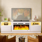 MXV 80" Fireplace TV Stand for TVs Up to 90", LED Light Entertainment Center with 36" Electric Fireplace, Modern Wood Texture TV Media Console with Highlight Storage Cabinet, White-White