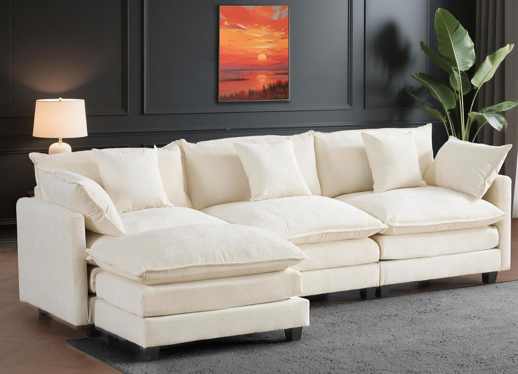 111.4" Modular Sectional Sofa｜Comfy Cloud Couch with Movable Ottoman Deep Seat｜Chenille L Shaped Modular Sofa Sectional Couches for Living Room, Bedroom and Apartment｜Beige