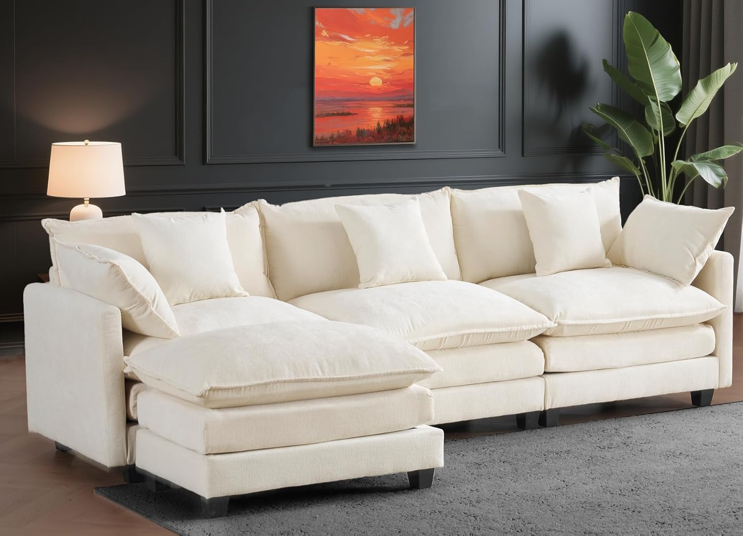 111.4" Modular Sectional Sofa｜Comfy Cloud Couch with Movable Ottoman Deep Seat｜Chenille L Shaped Modular Sofa Sectional Couches for Living Room, Bedroom and Apartment｜Beige