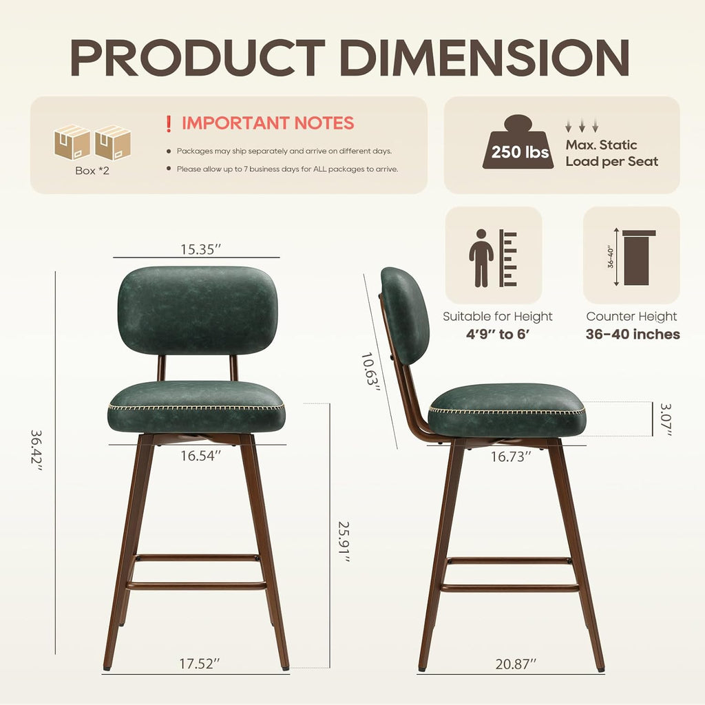 26“ Swivel Bar Stools Set of 4, Mid Century PU Leather Counter Height Bar Chairs with Low Back and Metal Legs, Modern Bar Stool Chair for Kitchen Island, Green