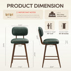 26“ Swivel Bar Stools Set of 4, Mid Century PU Leather Counter Height Bar Chairs with Low Back and Metal Legs, Modern Bar Stool Chair for Kitchen Island, Green