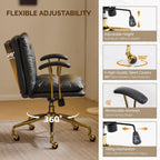 VINGLI Home Office Desk Chair Comfy with Wheels & Removable Armrests,Gold Base Vanity Chair with Back, Adjustable Rolling Swivel Computer Task Chair for Study,Makeup,Office,Bedroom,PU Leather,Black