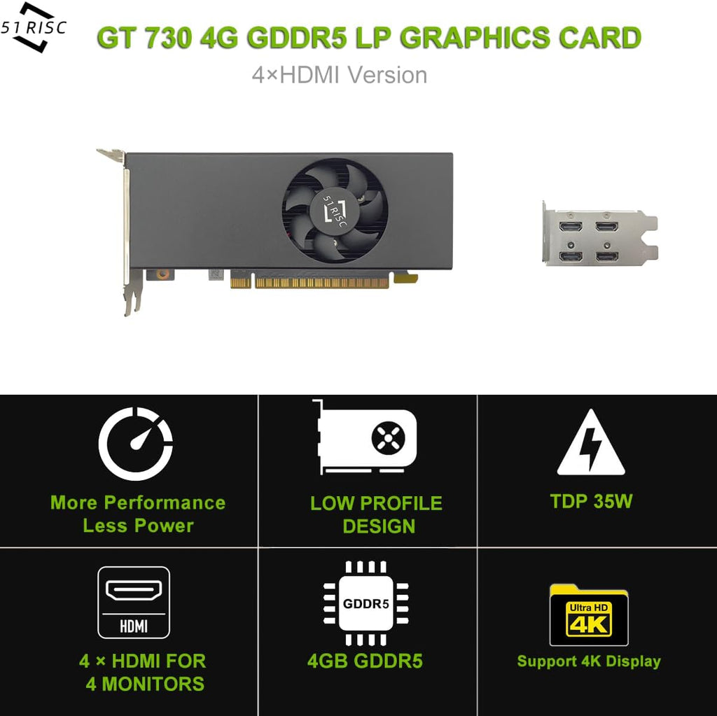 51RISC GT 730 4GB LP Graphics Card, 4 HDMI Ports Low Profile GDDR5 Small Form Factor Video Card for Gaming 8K Display Desktop/Mini PC SFF Video Card (GTX 730 4G 4×HDMI LP)