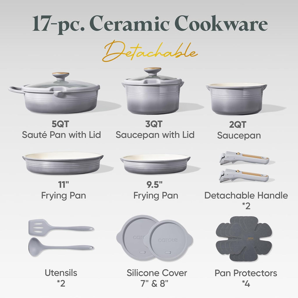 CAROTE 17Pcs Titanium Cookware Set, Pots and Pans Set Non Stick, Kitchen Cooking Set with Detachable Handle, Non Toxic Induction Cookware, Dishwasher/Oven Safe