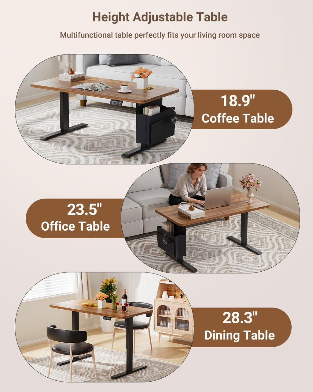 Coffee Table, Height Adjustable Electric Coffee Table with Storage Bag Lift Tabletop Dining Table Office Table with Lockable Wheels for Living Room (Dark Walnut Look, 40 x 24 Inches)