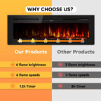 Tehanld 60 Inch Electric Fireplace in-Wall Recessed and Wall Mounted, Ultra-Thin Linear Fireplace Heater 750/1500W with Realistic Flame, Higher Temperatures & Lower Noise, Log Set & Crystal Options