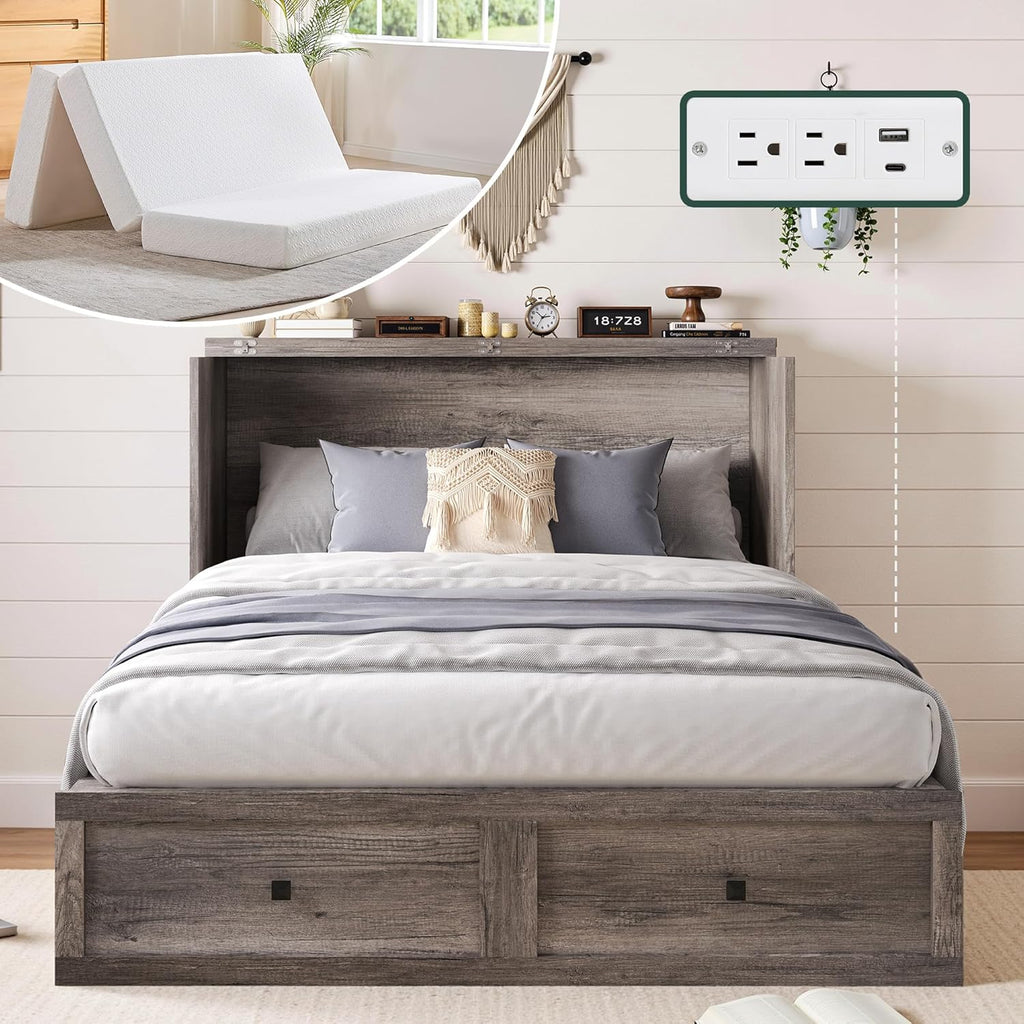 Queen Murphy Bed with 6" White Tri-Fold Memory Foam Mattress, Storage Drawer & Charging Station, Space-Saving Design for Home Office or Guest Room, Rustic Grey
