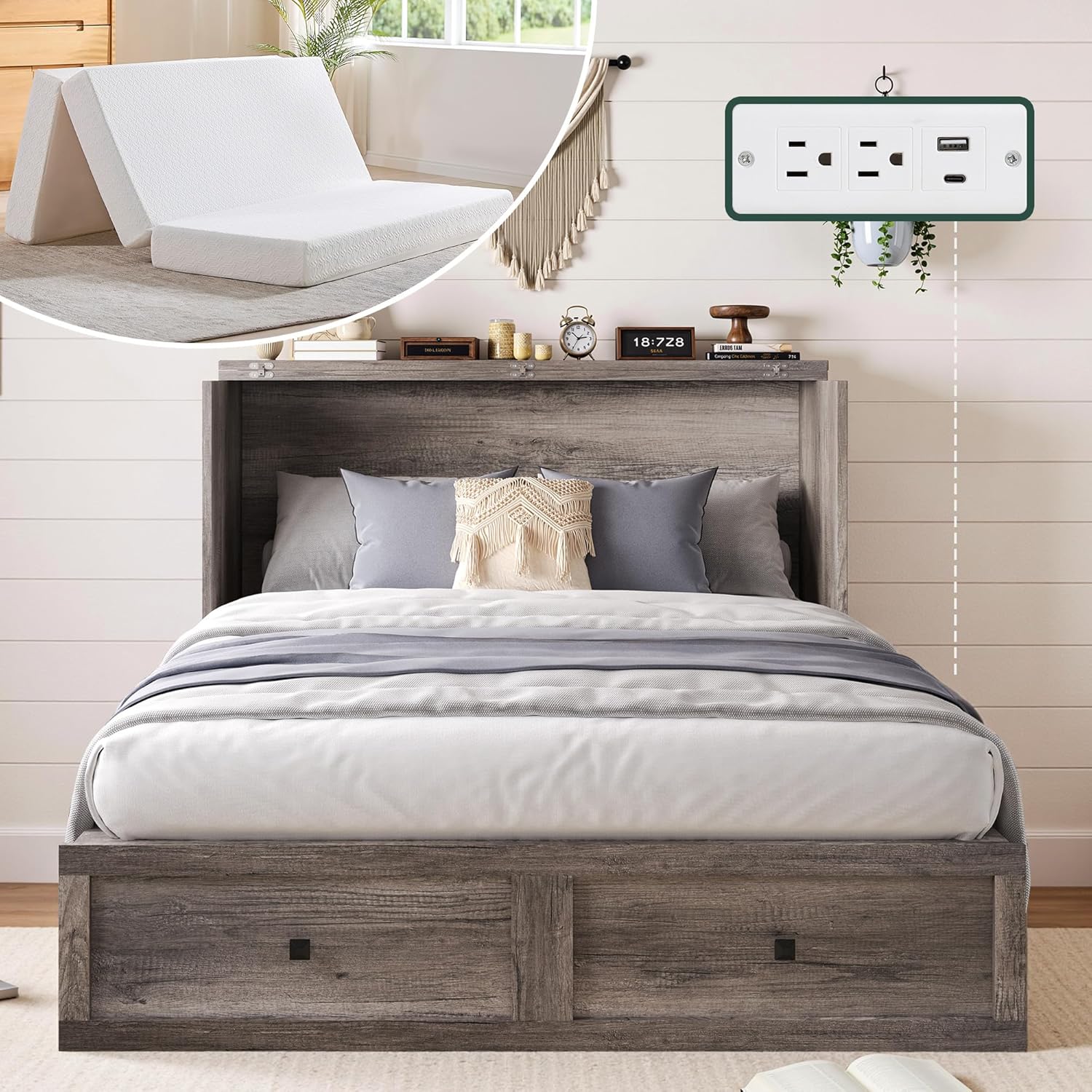 Queen Murphy Bed with 6" White Tri-Fold Memory Foam Mattress, Storage Drawer & Charging Station, Space-Saving Design for Home Office or Guest Room, Rustic Grey