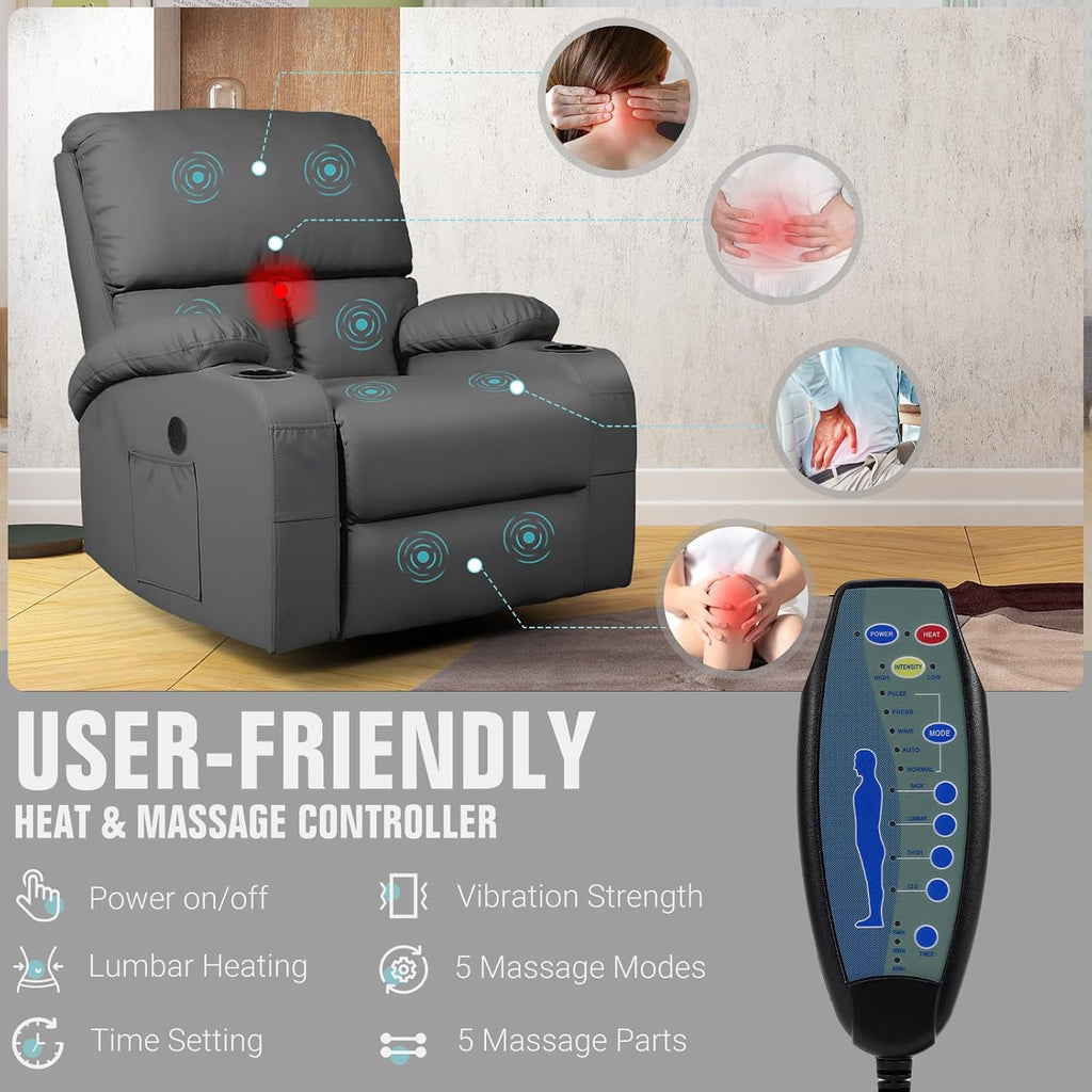 LEVELEVE Rocking Recliner Chair, Massage Rocker Recliner Chair with Vibration Massage and Heat, USB and Type-C Ports,360° Swivel Faux Leather Chairs, Living Room, Bedroom, Nursery, RV, Dark Grey