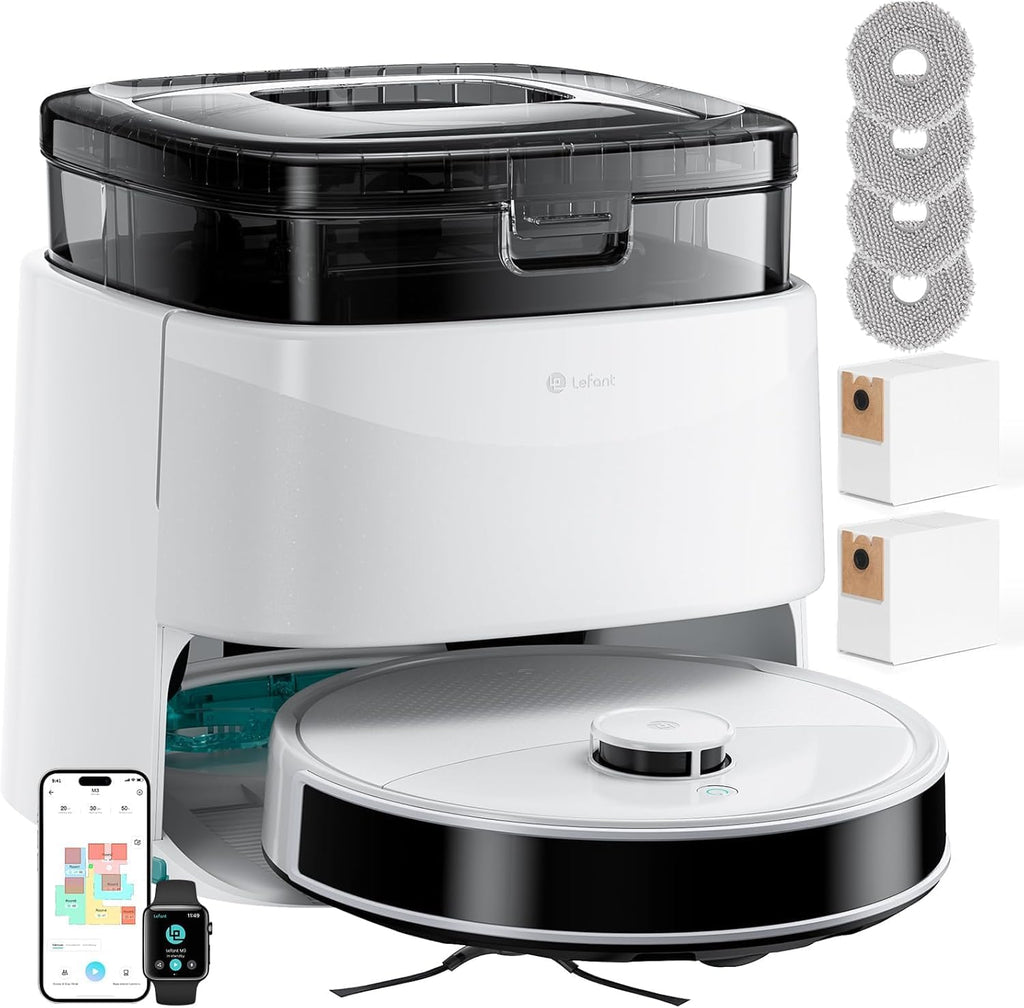 Lefant Robot Vacuum and Mop, 15000Pa Suction, 90-Day Self-Emptying, Auto Mop Washing&Drying, Obstacle Avoidance, All-in-One for Pet Hair Carpet, 5G WiFi Alexa/APP/iWatch Control, M3 White