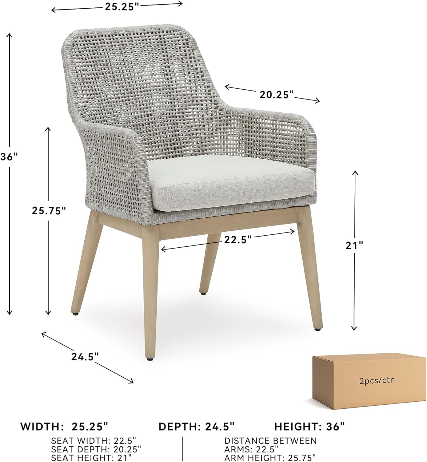 Signature Design by Ashley Seton Creek Cottage Nuvella Weather Resistant Fabric Outdoor Dining Arm Chair with Cushion, Set of 2, Light Brown & Light Gray