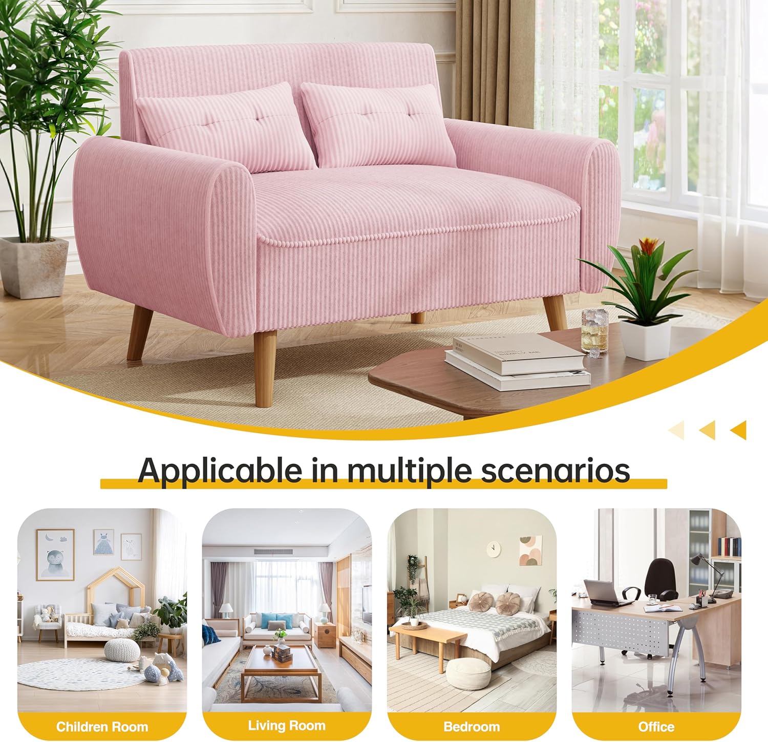 JAMFLY Pink Loveseat Sofa, 47.2'' Modern Small Space Sofa Set, High Density Sponge, Linen, Wood, 350 lbs Capacity